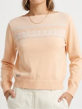 RARE Vintage LACOSTE Archival Jacquard Boatneck Sweater - Peach 100% Cotton